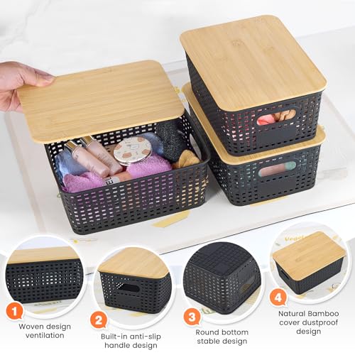 Plastic Storage Baskets With Bamboo Lid - Plastic Storage Containers Stackable Storage bins: Storage Baskets for Organizing Shelves Drawers Desktop Closet Playroom Classroom Office, 6 Pack