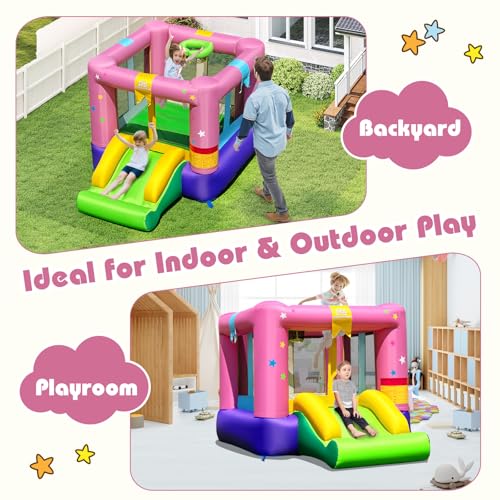 BOUNTECH Inflatable Bounce House, Bouncy House for Kids 3-12 Indoor Outdoor w/480W Blower, Jumping Area, Slide, Basketball Game, Mini Bounce House for Toddler Boys Girls Birthday Party Backyard Gifts