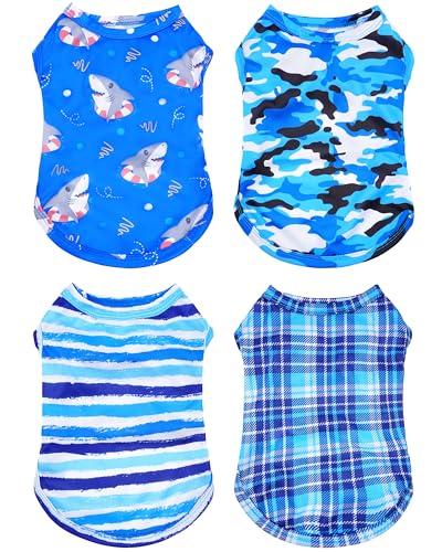 PET SHOW 4 Pack Paw Bone Printed Dog Clothes Shirts Soft Vest Lightweight Sleeveless Cats Doggies T-Shirts Puppies Tank Top Tee for Small Medium Dogs White Black Pink Blue (Small, Blue for Boys)