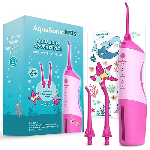 AquaSonic Kids' Water Flosser for Ages 6+ | Standard Nozzle, Orthodontic Nozzle & Waterproof Stickers | 4 Flossing Modes | Aquarium Adventures Theme (Blue)