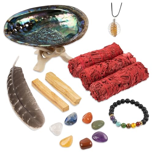Wish Well Sage Smudge Kit - 3 Dragons Blood Sage Sticks, 2 Palo Santo Sticks, Abalone Shell, Stand, Feather, 7 Chakra Stones & Crystal Bracelet ~ Sage Incense Sticks for Cleansing House & Meditation