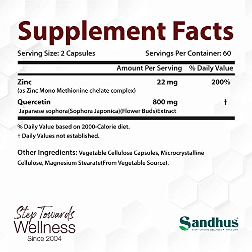 Sandhu’s Zinc Quercetin 120 Vegetarian Capsules – Zinc Supplements for Antioxidant Immune Support Zinc for Men and Women – Gluten, Soy, Dairy Free