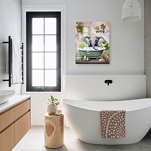 DOARTDO Elephant Bathroom Canvas Wall Art Funny Animal Pictures Print Elephant in Bathtub Painting Pink Background Toilet Decor Frame (11.00" x 14.00", Elephant - 2)