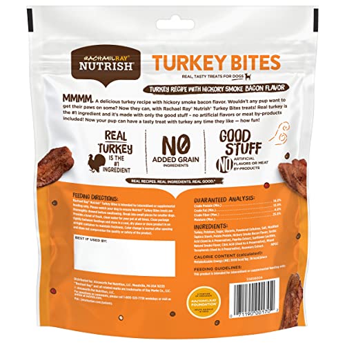 Rachael Ray Nutrish Turkey Bites Real Meat Grain Free Dog Treats, Turkey Recipe with Hickory Smoked Bacon Flavor, 12 Ounces (Packaging May Vary)