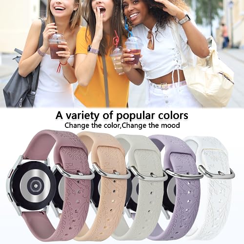 ORATYFAN Bands for Samsung Galaxy Watch 7/6/5/4 Band 40mm 44mm with Charms, 20mm Women Flower Engraved Silicone Replacement Strap for Galaxy Watch 5 Pro/Galaxy Watch 3/Galaxy Active 2/Watch 4 Classic