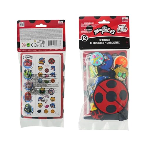 Miraculous Ladybug - Pop n' Swop 12 Assorted Ladybug and Cat Noir Badges, Collection 1, Regular and XXL Clip-on Badges, compatible with Pop n' Swop Purses, Shoulder Bag and Backpacks (Wyncor)