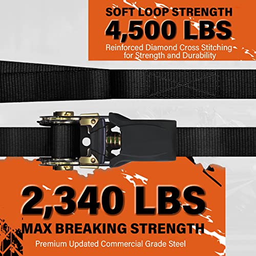 Haccoplanet Ratchet Tie Down Straps, 2340lb Break Strength, 4pc 1inch x 16FT Tie Down Strap Set with Padded Handles & Coated S Hook W/Safety Clip, Cargo Strap Tie Down for Motorcycle, Truck (Black)