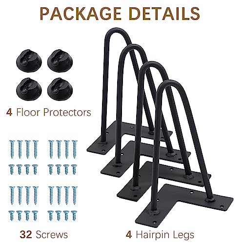 Thanaddo 6" Hairpin Furniture Legs 4PCS, Heavy Duty Solid Steel 2 Rod Furniture Legs with 2 Sizes Screws and 4pcs Floor Protectors for Nightstand, Cabinet, Bench Chair, Coffee Table, Desk, etc, Black