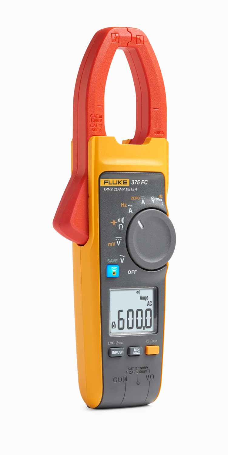 Fluke 375 FC True-RMS AC/DC Clamp Meter, Measures AC/DC Current To 600 A and AC/DC Voltage To 1000 V, CAT III 1000 V, CAT IV 600 V Safety Rating, Includes Batteries and Soft Carrying Case