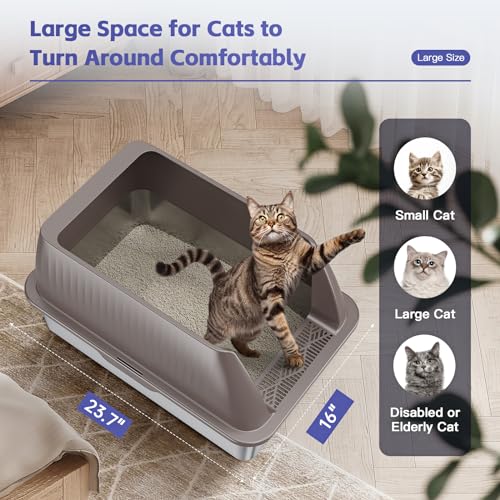 Hobya 14" XL Stainless Steel Litter Box for Cats, Enclosed Metal Litter Box with Lid, Extra Large Kitty Litter Box with High Sides for High Peeing Cat, Easy to Clean, Non-Sticky, Including Scoop