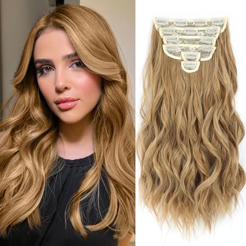 Fliace Clip in Hair Extensions, 6 PCS Natural & Soft Hair & Blends Well Hair Extensions, Medium Brown Long Wavy Hairpieces(20inch, 6pcs, Medium Brown)