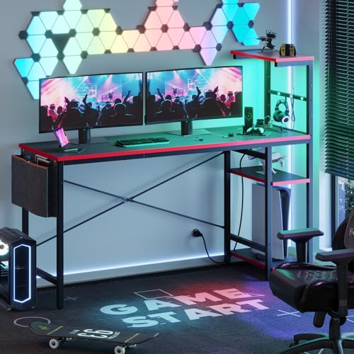 Bestier 61 Inch Gaming Desk with LED Lights, Reversible Shelves, Height Adjustable Shelf, Steel Frame, CARB P2 Class Board, Black Grained