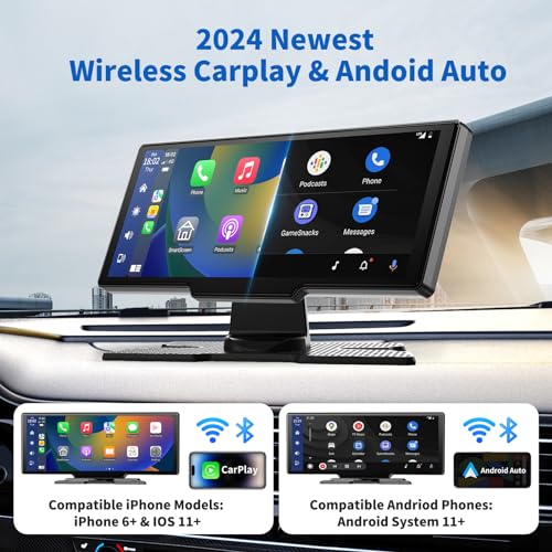 10.26" HD Portable Wireless Carplay & Android Auto Screen with 2.5K Dash Cam, Carplay Screen for Car Support Bluetooth,Mirror Link, Voice Control, GPS Navigation, 1080P Backup Camera+ 64G TF Card