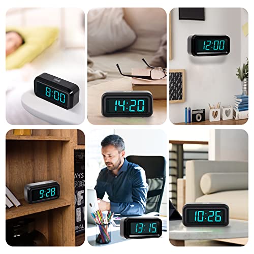 Timegyro Digital Alarm Clock Battery Operated with LED Display for Bedrooms, Long Battery Life, 3 Brightness Adjustable, 12/24 Hour, Snooze, Black Case with Blue Digits