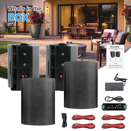 Herdio 6.5 inch 800W Outdoor Bluetooth Speakers Waterproof Wall Mounted Sound System with Multifunctional Amplifier, Powerful Bass & Stereo Sound, Easy to Install, for Patio Deck Porch (2 Pairs Black)