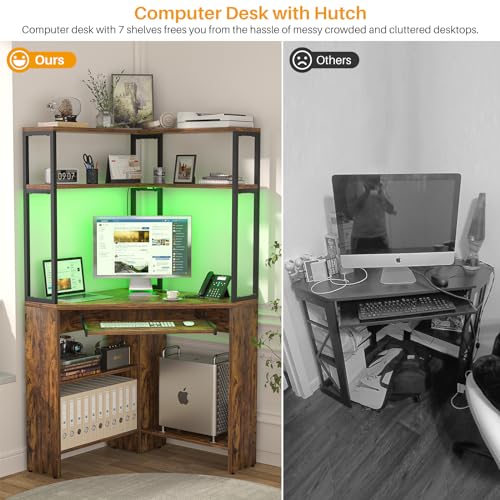 Cyclysio Small Corner Desk with Hutch, Heavy Duty Corner Computer Desk with Power Outlets & LED Light, Triangle Corner Gaming Desk with Keyboard Tray for Home Office, Small Space, Workstation Black