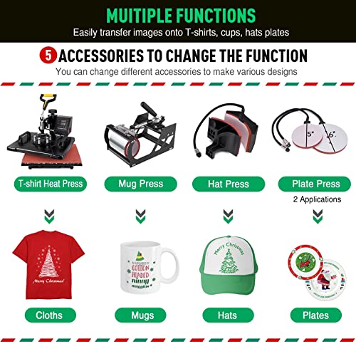 Slendor 5 in 1 Heat Press Machine 12x15 inch 360-Degree Swing Away Digital T Shirt Pressing Machine Multifunction Heat Transfer Sublimation Combo for T Shirts Mugs Hat Plate Cap