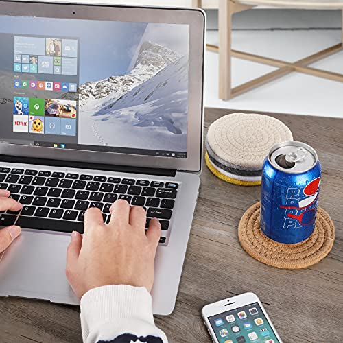 ABenkle 8 Pcs Drink Coasters with Holder, Cotton Woven Absorbent Coasters for Drinks, Minimalist Home Decor Coaster Set for Wooden Tabletop Protection Table, 4 inches