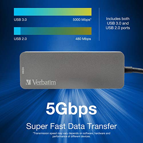 Verbatim 4-in-1 USB C Hub - Type C Hub w/ 60W Power Delivery, USB 3.0 Hub & 2.0 Ports, USB-C Hub w/ 4K HDMI Output, Compact & Portable USB Hub for Laptop