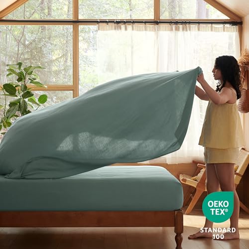 Bedsure Cooling Sheets for Queen Size Bed, 4 Pcs Blend of Rayon Derived from Bamboo Linen Sheets, 15" Deep Pockets, Silky Ultra Soft Breathable for Hot Sleepers - Blue