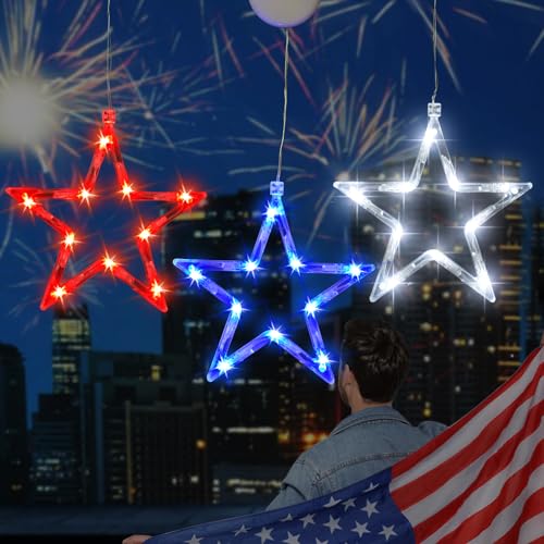 ZhenQiu 4th of July Window Lights 3 Pack Lighted Fourth of July Decorations with Suction Cups, Battery Operated Red White Blue Hanging Star Window Silhouette Lights for Independence Day Decor