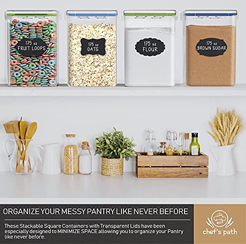 Chef's Path Kitchen Storage Box Set of 4 Extra Large Airtight Food Storage Jars for Sugar Flour Cereal Rice - Measuring Spoons, Pen and Food Preservation Labels (5.2 L)
