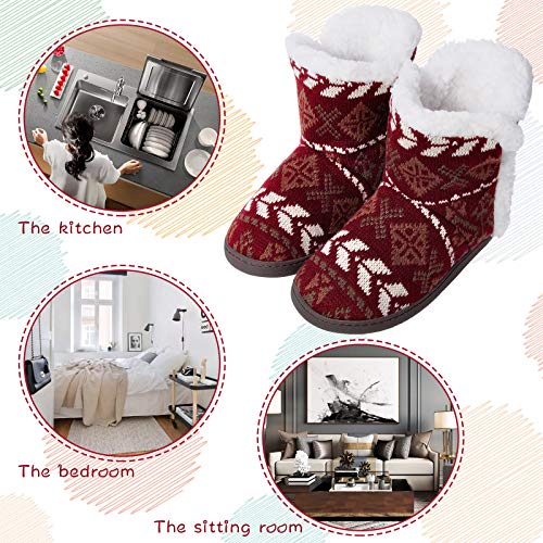 Women Comfort Warm Fluffy Faux Fur Slipper Boots Soft Memory Foam Ankle Booties House Pull on Shoes Anti-Slip Sole Indoor Outdoor (5-6, Red, numeric_5)