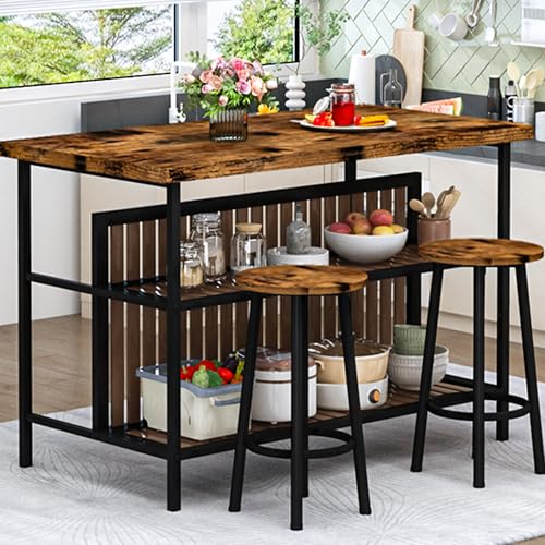 DKLGG Dining Table Set for 2 with Storage, Modern Kitchen Island with Seating 3 Piece Kitchen & Dining Room Sets Island Table for Small Space, Apartment, Home Bar, Brown