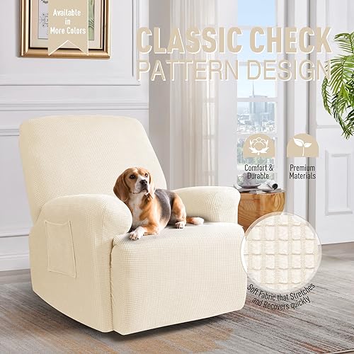 TAOCOCO Recliner Cover 4-Pieces, Recliner Stretch Sofa Slipcover Recliner Cover 1 Seat Couch Protector Soft Furniture Protector Covers with Elastic Chair Covers Jacquard Pattern Pale Brown