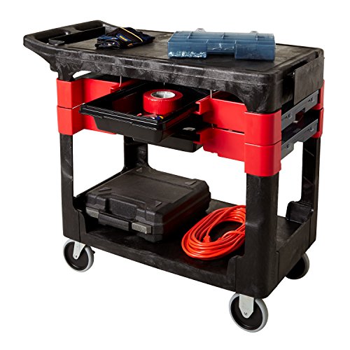 Rubbermaid Commercial Products Trades Tool Utility Cart Mobile Work Station With 2 Parts Boxes and 4 Parts Bins 330 lb. Capacity 5" Casters Black for Warehouse/Garage/Cleaning/Maintenance