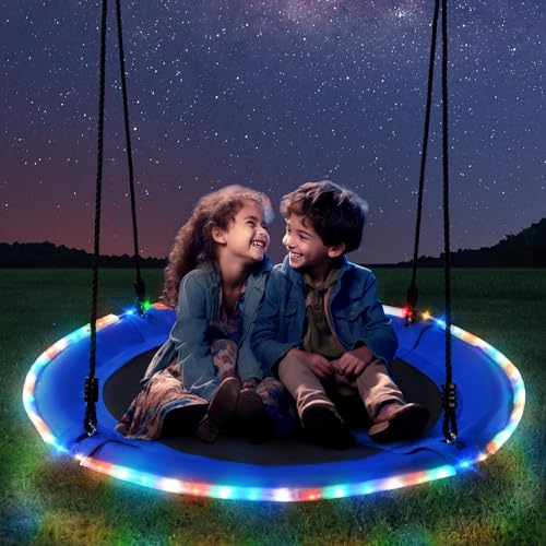 Trekassy 700lbs 40” Saucer Tree Swing with LED Lights for Kids Adults Outdoor 2 Tree Hanging Straps-Blue