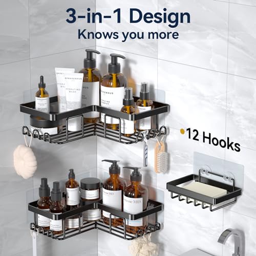YASONIC Corner Adhesive Shower Caddy, with Soap Holder and 12 Hooks, Rustproof Stainless Steel Bathroom Organizer, No Drilling Wall Mounted Rack, Black, 3-Pack