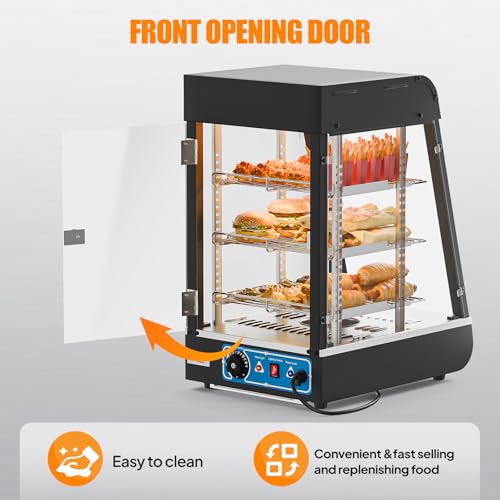 ROVSUN 15" Commercial Food Warmer Display Pizza Warmer, 3-Tier Electric Countertop Food Warmer w/LED Lighting Adjustable Removable Shelves Glass Door, Pastry Display Case for Buffet Restaurant, 1000W