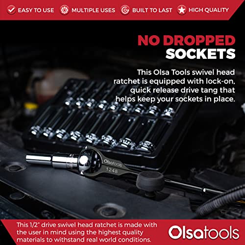 Olsa Tools Swivel Head Ratchet - 1/2-Inch Drive with 90-Tooth Round Head - Roto-Style Socket Wrench for Mechanics - Premium Quality Swiveling Handle - Part 1248