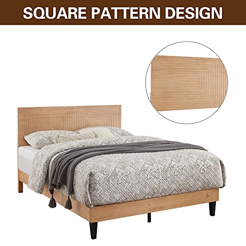 MUSEHOMEINC Solid Wood Full Size Bed Frame with Adjustable Height Headboard, Mid Century Modern Style, Mattress Foundation with Wooden Slat Support,No Box Spring Needed,Easy Assembly (Full)