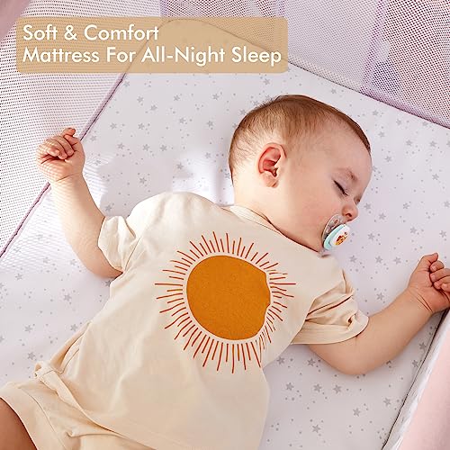 ANGELBLISS Baby Bassinet Bedside Sleeper, Easy Folding Portable Bassinet for Baby with Wheels, Adjustable Height, Included Mattress (Beige)