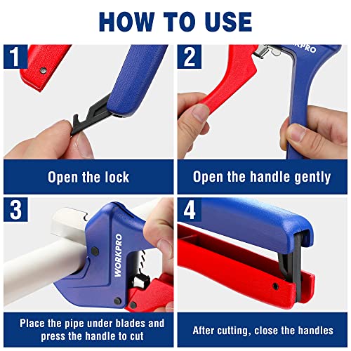 WORKPRO Ratchet PVC Pipe Cutter, Up to 1-5/8", Plastic Pipe and Tubing Cutter for PEX, PVC, PPR, and Plastic Hoses, High-quality Aluminum Die-casting Body with Sharp Stainless Steel Blades