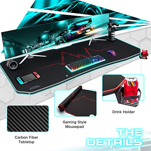 Furmax Gaming Desk T-Shaped Pc Computer Table with Carbon Fiber Surface Free Mouse Pad Home Office Desk Gamer Table Pro with Game Handle Rack Headphone Hook and Cup Holder (Black, 55 Inch)