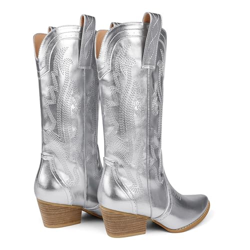 Zzheels Women's Cowboy Boots Embroidered Western Cowgirl Boots Pointed Toe Chunky Heel Mid Calf Cowgirl Boots White US11