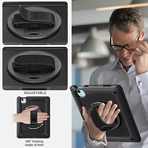 TSQQST for iPad Air 5th/4th Generation Case 10.9 Inch, iPad Pro 11 Inch Case (4th/3rd/2nd/1st Gen) 2022 2021 2020 2018, Heavy Duty Rugged Protective Case w/Screen Protector+Stand+Hand Strap, Black