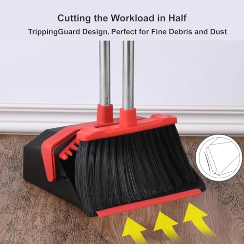 Tiumso Upgrade Broom and Dustpan Set with 51'' Long Handle, Large Upright Brooms and Dust Pans, ZeroGap Lip, Self-Cleaning Dustpan Teeth for Lobby Kitchen Office Restaurant - Blue