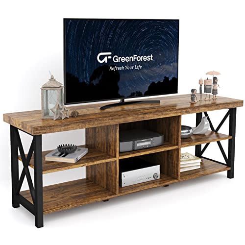GreenForest TV Stand for TV up to 65 inches, Entertainment Center with 6 Storage Cabinet for Living Room, 55 inch Farmhouse Television Stands Console Table, Industrial TV stands for Living Room, Black