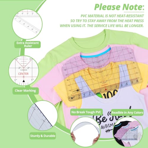 HTVRONT Tshirt Ruler Guide for Vinyl Alignment - Tshirt Measurement Tool for Heat Press in HTV Vinyl, All-in-ONE T Shirt Ruler to Center Design and Craft Sewing for Cricut Accessories and Supplies