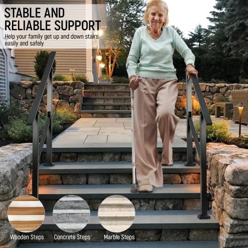 Handrails for Outdoor Steps Fits 1 to 3 Steps Stair Railing for Outdoor, Wrought Iron Handrail with Installation Kit for Concrete Steps, Porch Steps (3 Steps), Matte Black