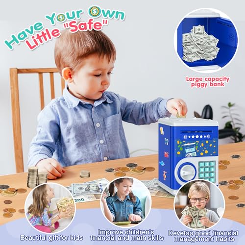Dark Blue Piggy Bank for Kids with Password Code Lock and Auto Grab Bill Slot, PhilaeEC Real Money Cash Coin Can Saving Box Electronic Money Safe Bank, Hot Gift for 4 7 8 9 10 11 Year Old Boys Girls