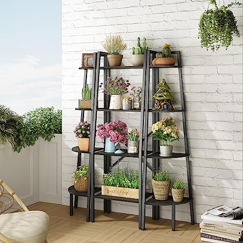 Hoctieon Corner Shelf, 4-Tier Corner Bookshelf, Rustic Corner Ladder Shelf, Industrial Display Shelf for Living Room, Kitchen, Home Office, Balcony, Small Space, Metal Frame, Black