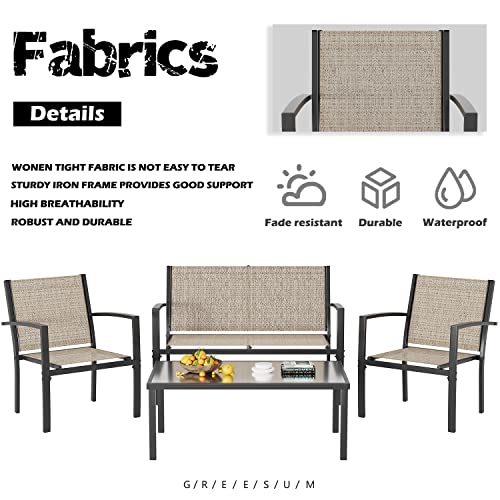 Greesum 4 Pieces Patio Furniture Set, Outdoor Conversation Sets for Patio, Lawn, Garden, Poolside with A Glass Coffee Table, Beige