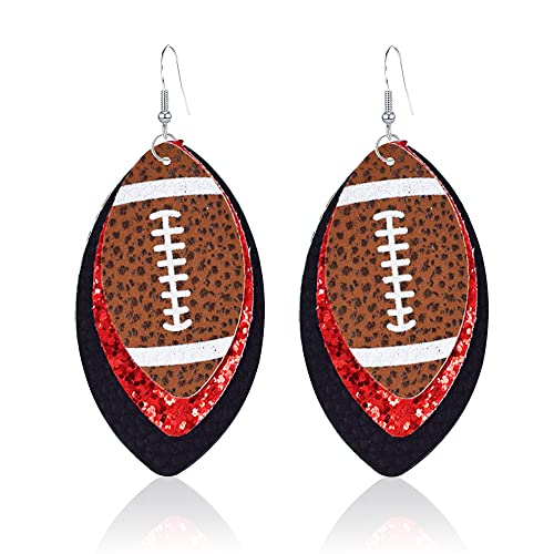 Colorful 3 Layered Rugby Football Dangle Earrings Glitter Faux Leather PU Football Sports Lover Teardrop Earrings for Women Jewelry (A)
