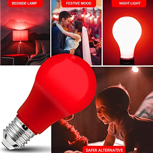 LED Red Light Bulb, A19 9W (60W Equivalent) Red Colored Light Bulb Outdoor, E26 Base Red LED Lights for Party Decoration, New Year, Porch, Home Lighting, Christmas Light Bulbs, Wedding, Bar, 4 Pack