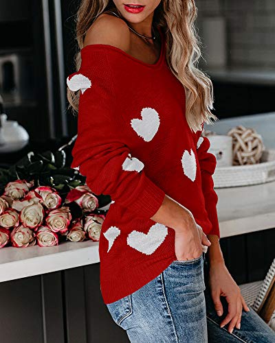 Sherrylily Womens Lightweight Pullover Off Shoulder Batwing Sleeve Heart Print Sweaters Knit Shirts Slounchy Tops Red